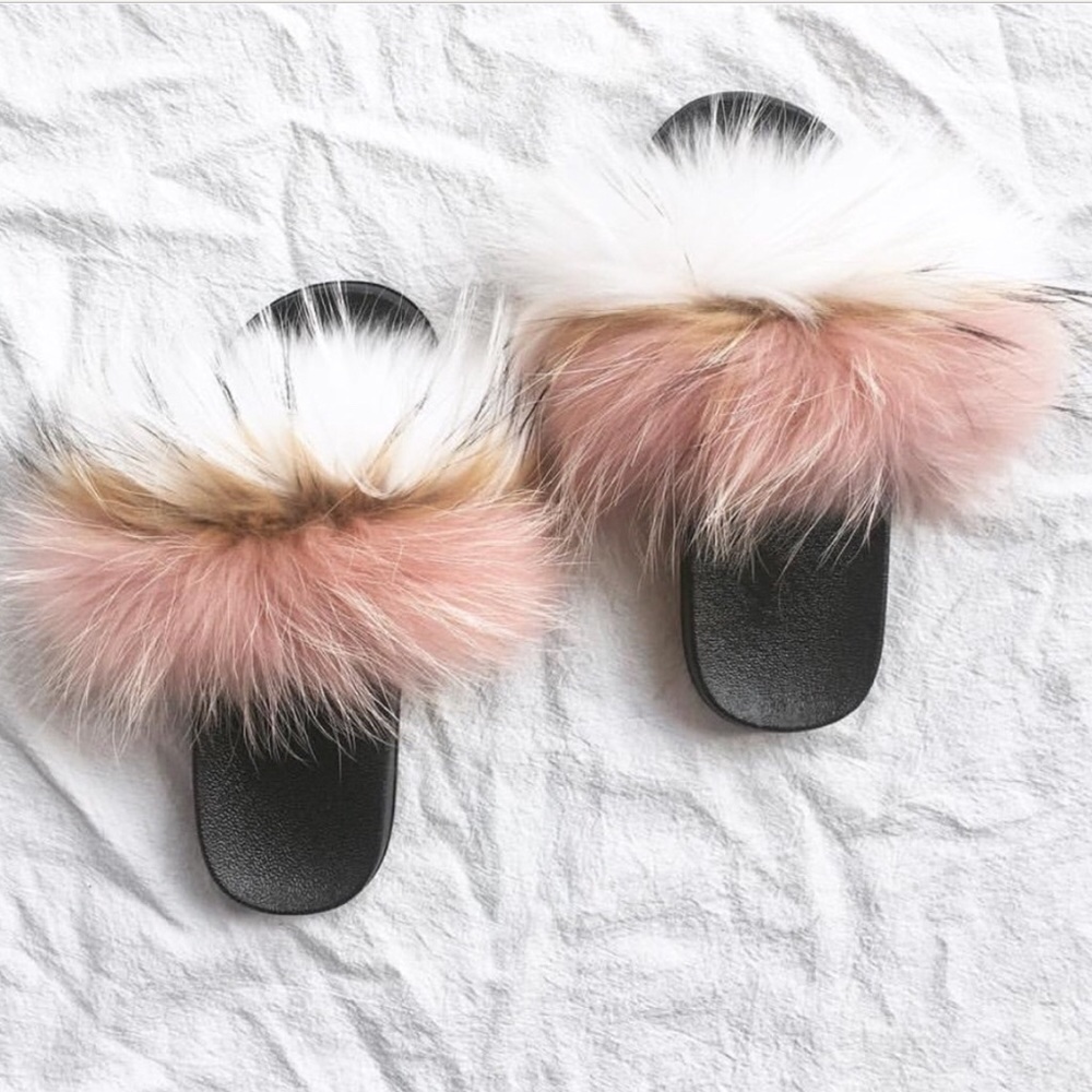 FOX CANDY & MultiPink Fluffy Genuine Fox Slides.